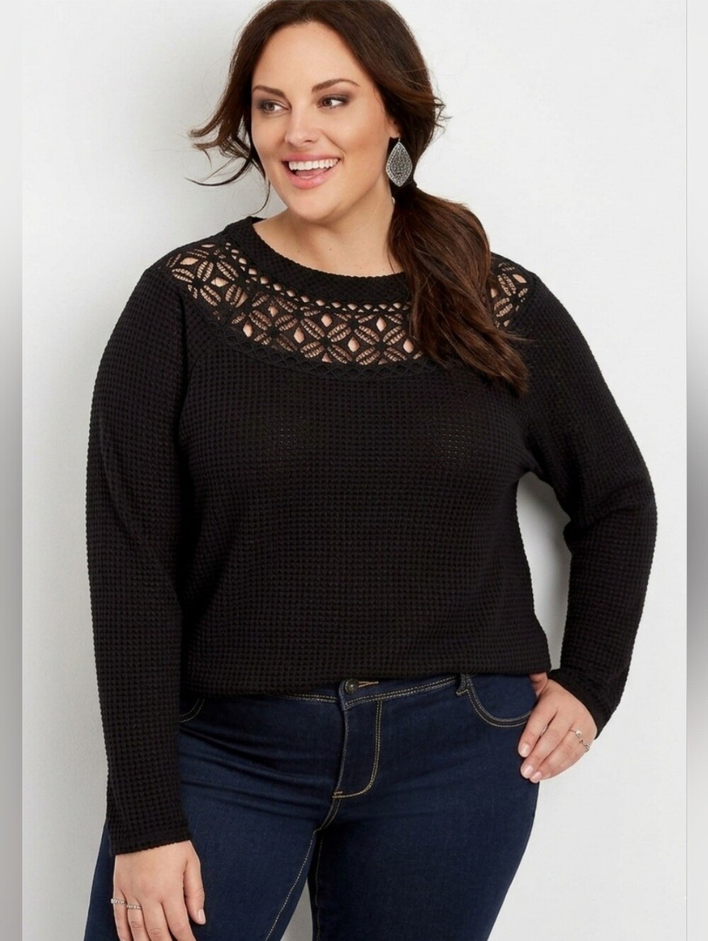 Maurices Waffle Knit Lace Neck Top, Size XXL